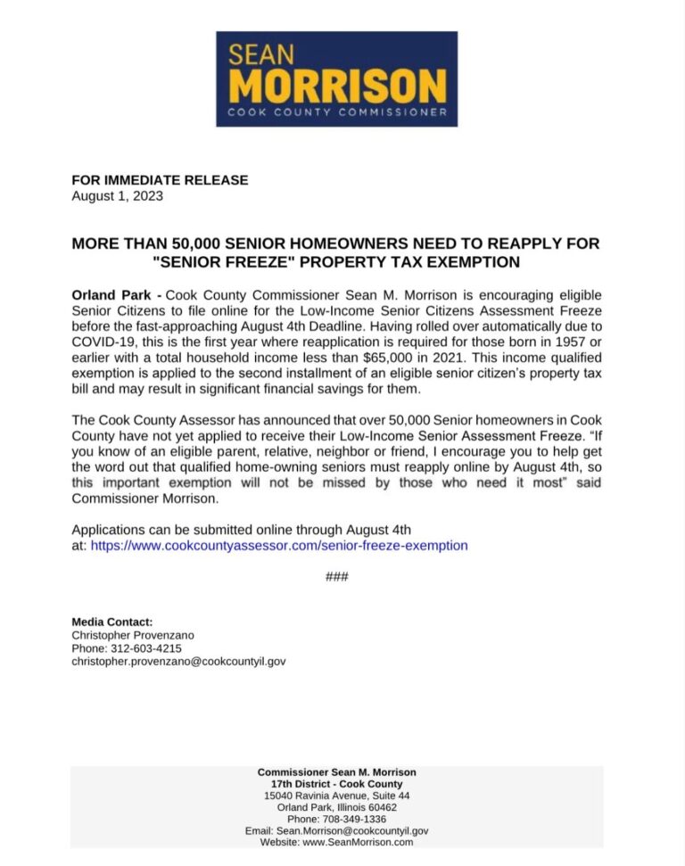 MORE THAN 50,000 SENIOR HOMEOWNERS NEED TO REAPPLY FOR "SENIOR FREEZE